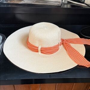 Wide Brim Straw Sun Hat with Orange Stripe Scarf